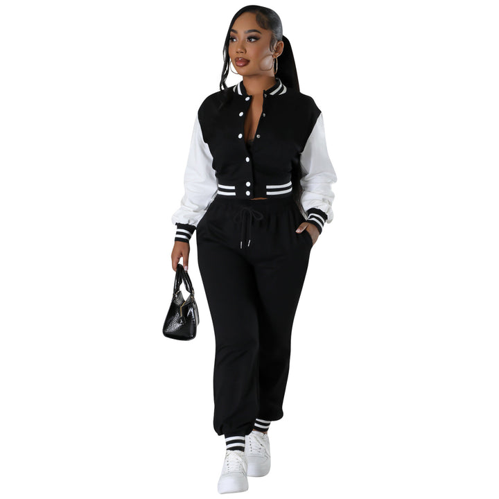 Black and white varsity jacket with drawstring joggers, ribbed cuffs and waistband.