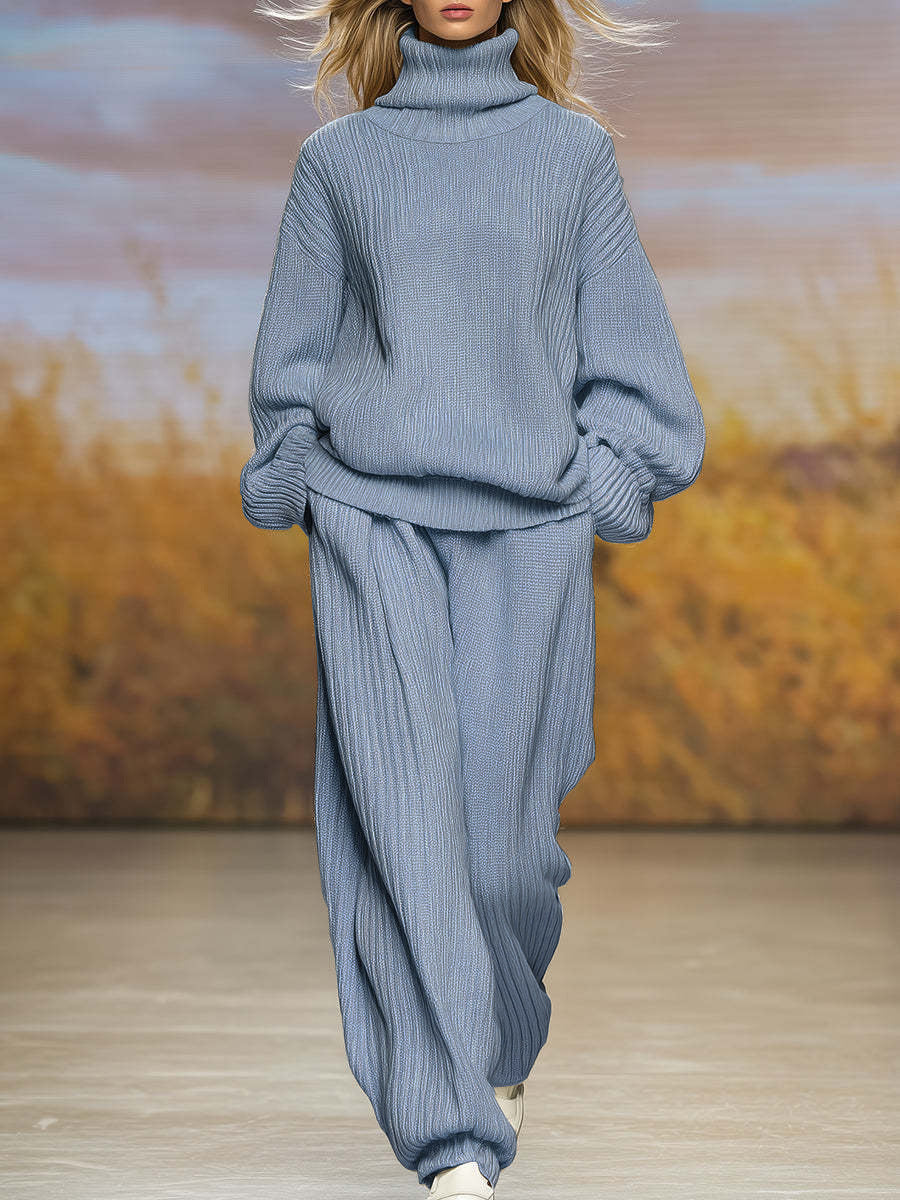 Gray-blue ribbed knit two-piece set with high-neck top and wide-leg pants, long sleeves
