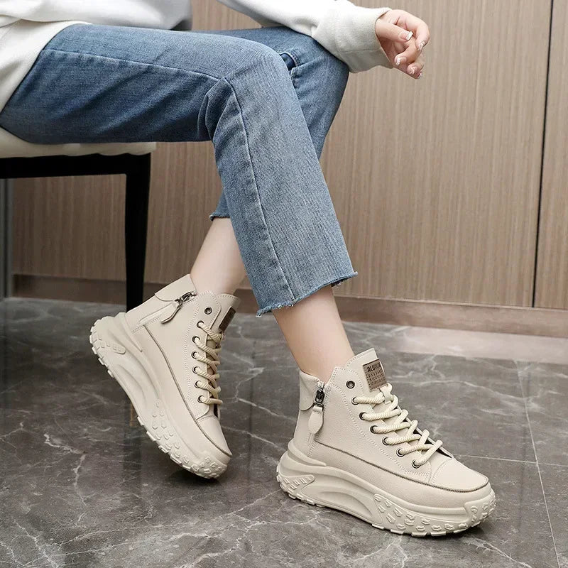 Women's Platform High-Top Sneakers In Khaki — Pin Stripe Leather Street Fashion