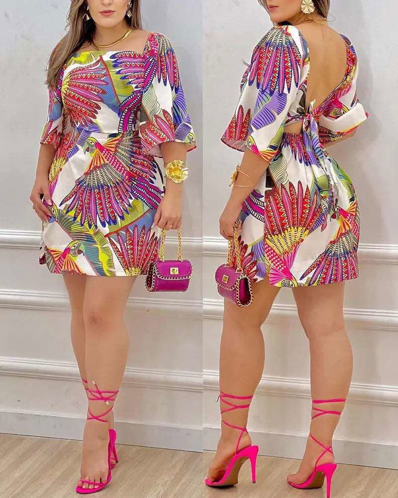Backless Half Sleeve Tropical Print Top and Mini Dresses - Gen U Us Products -  
