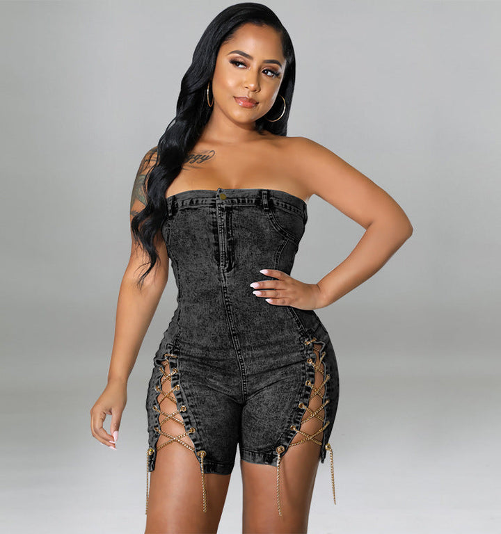 Body-hugging Cut Out Lace Sleeveless Halter Denim Rompers S-2XL Gen U Us Products
