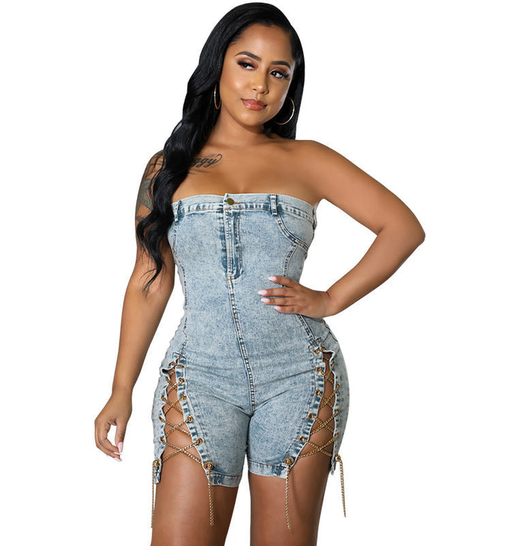 Body-hugging Cut Out Lace Sleeveless Halter Denim Rompers S-2XL Gen U Us Products