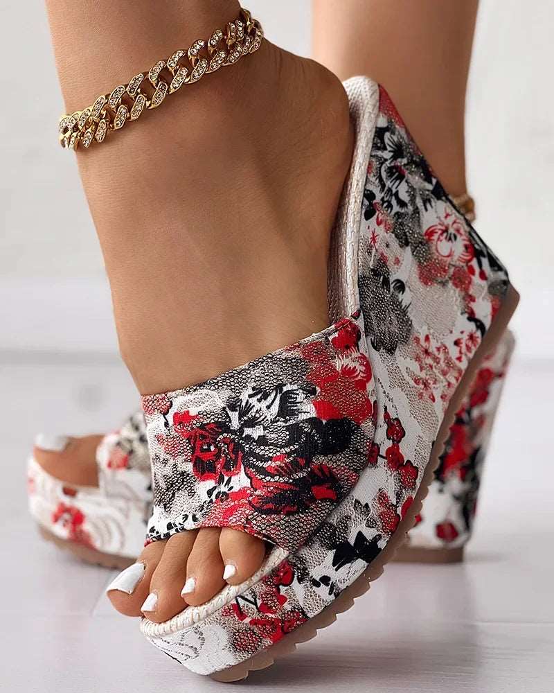 Boho Chic Flower Child Print Comfy Peep Toe Wedge Sandals - Gen U Us Products