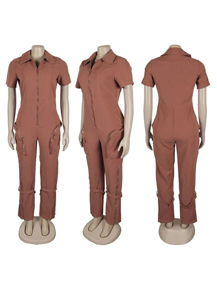 Bold Safari Style Short Sleeve Zipper Pocket Cargo Jumpsuits - Gen U Us Products