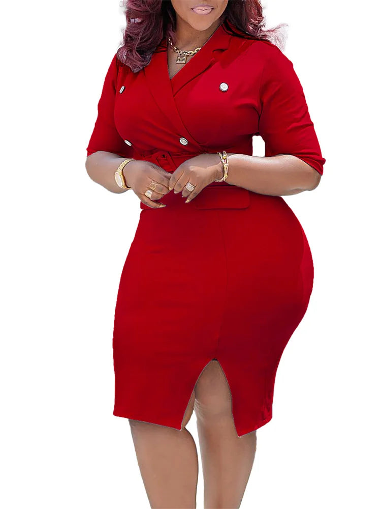 Boss Lady Professional V-Neck Button Midi Shirts Dresses - Gen U Us Products
