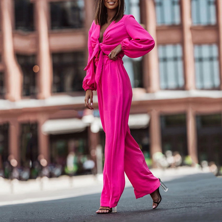 Pink long-sleeve tie-front top and high-waist wide-leg pants set