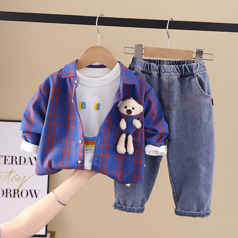 Boys Cotton Blend Plaid Bear Pendant Shirt and Pants - Gen U Us Products