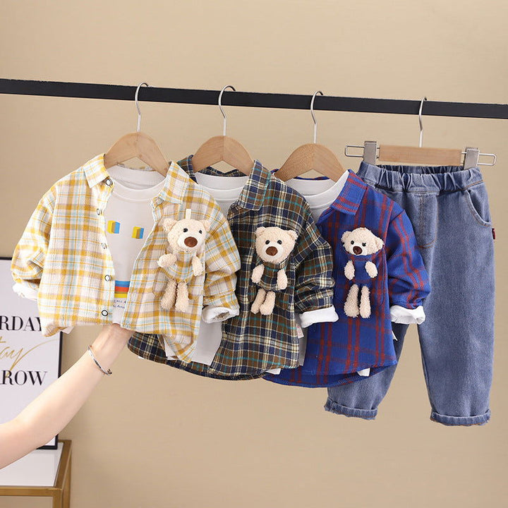 Boys Cotton Blend Plaid Bear Pendant Shirt and Pants - Gen U Us Products -  
