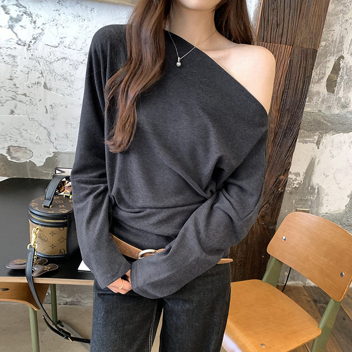 Women's Sexy Off Shoulder Long Sleeve Solid Color Batwing Slim Fit Shirt
