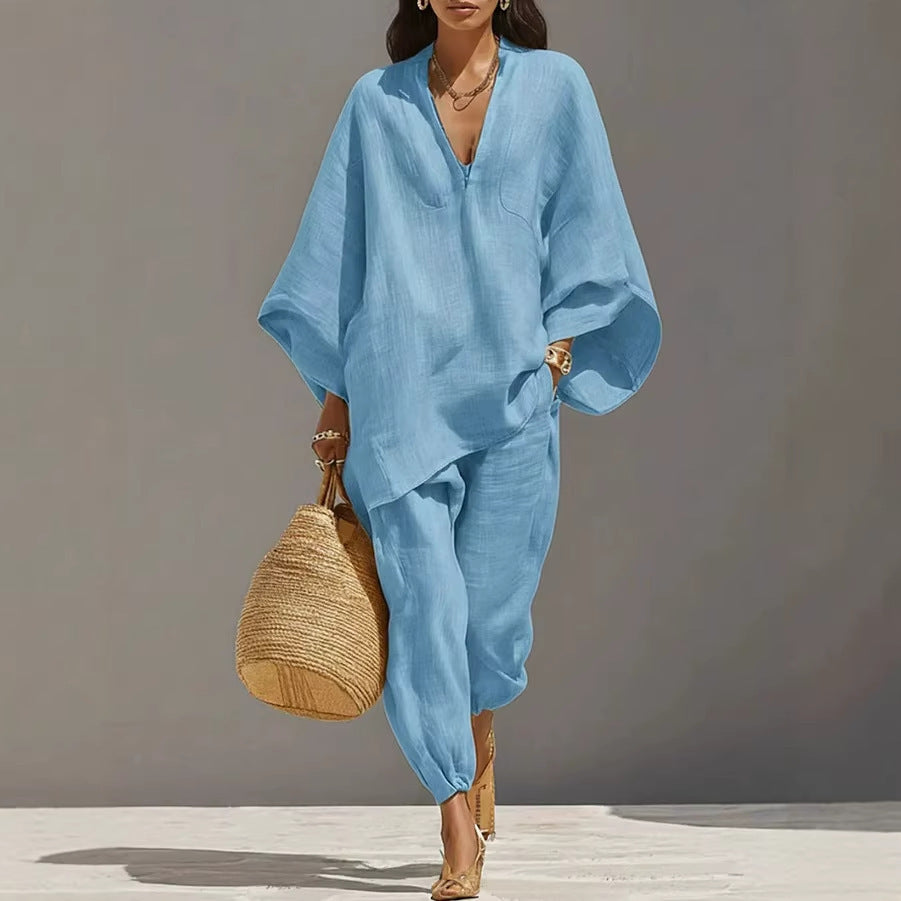 Women's Solid Color Loose Three-Quarter Sleeve Shirt And Pants Set