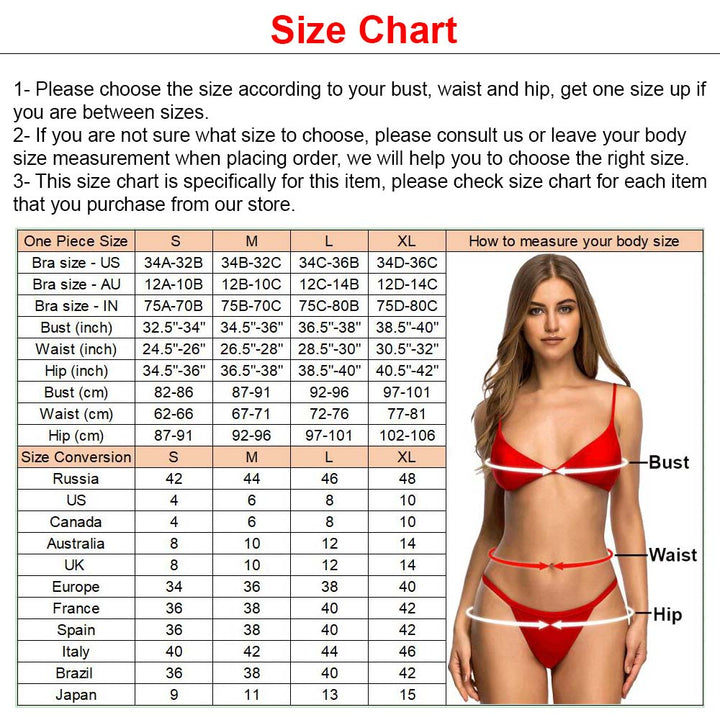 Woman measurement chart  for a Side Tie One Piece  Swimsuit