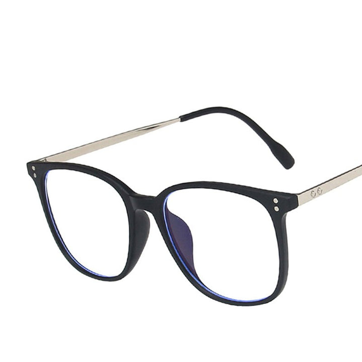 Black and silver eyeglasses on a white background