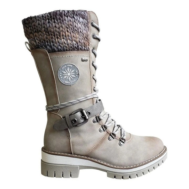 Women's Faux Leather Mid-Calf Boots In TWhitish Grey With Knit Cuff And Buckle Detail