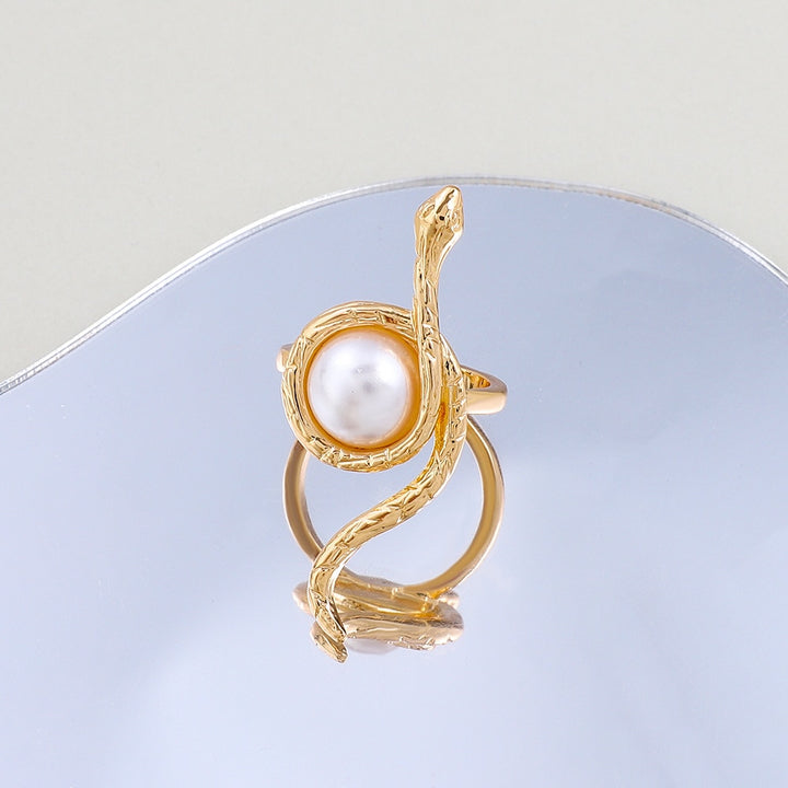 Bold Retro Gothic Winding Snake Ring with Pearl