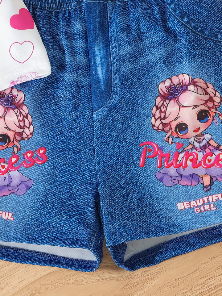 Cartoon Princess Short Sleeve Top and Imitation Denim Leggings Shorts - Gen U Us Products