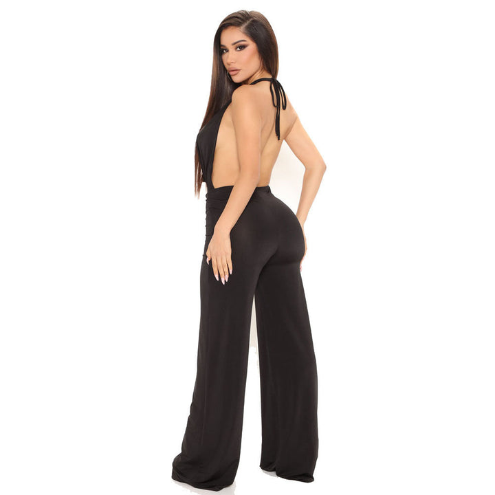 Chesty Deep V-Neck Sleeveless Backless Wide Leg Silky Jumpsuits - Gen U Us Products