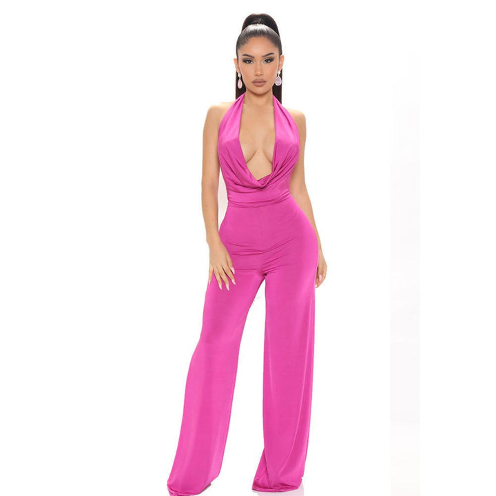 Chesty Deep V-Neck Sleeveless Backless Wide Leg Silky Jumpsuits - Gen U Us Products -  