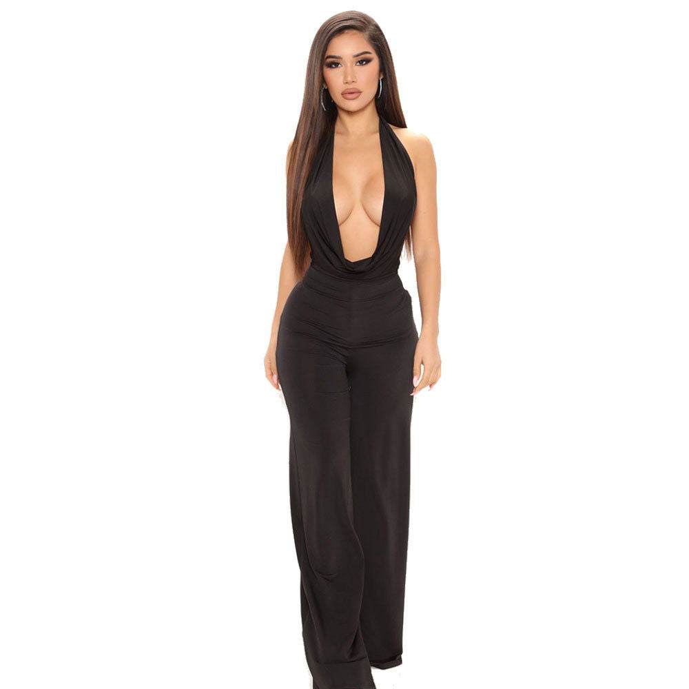 Chesty Deep V-Neck Sleeveless Backless Wide Leg Silky Jumpsuits - Gen U Us Products -  