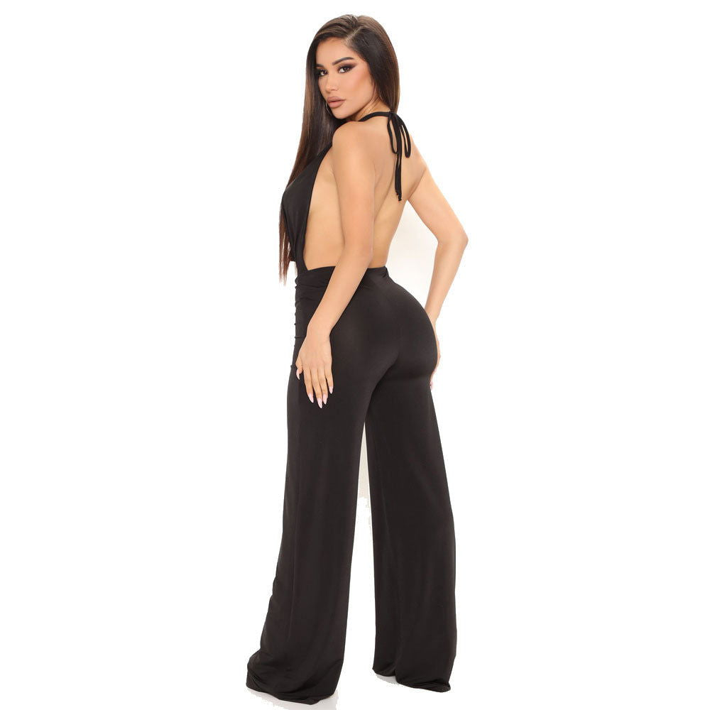 Chesty Deep V-Neck Sleeveless Backless Wide Leg Silky Jumpsuits - Gen U Us Products -  