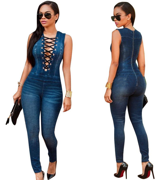 Chesty Lace Trim Cutout Sleeveless Figure-flattering Denim Jumpsuits - Gen U Us Products -  