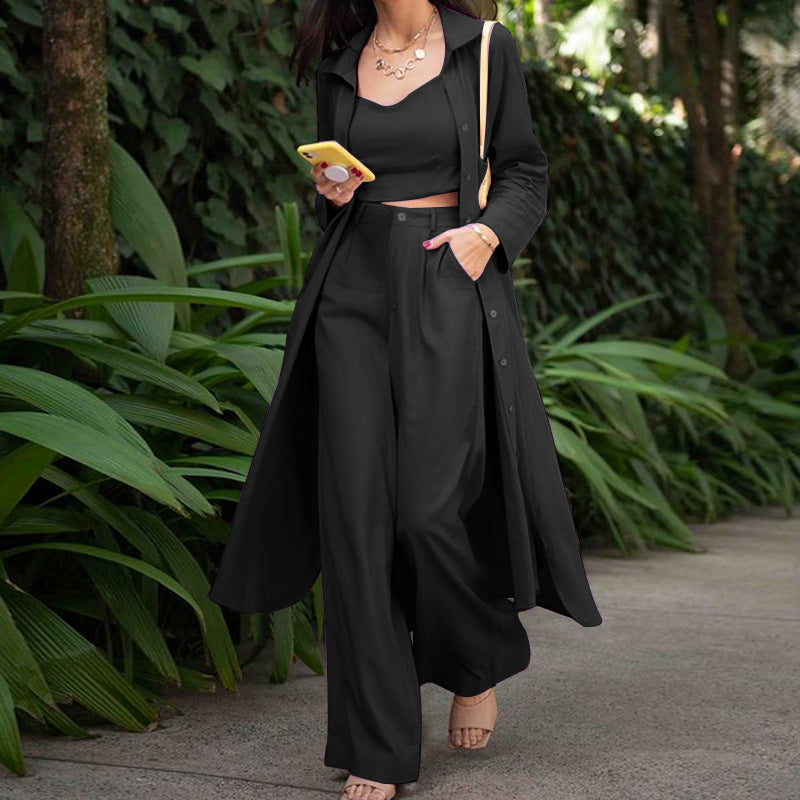 Chic 3Pcs Crop Top, Wide Leg Pants with Trench Coat Gen U Us Products