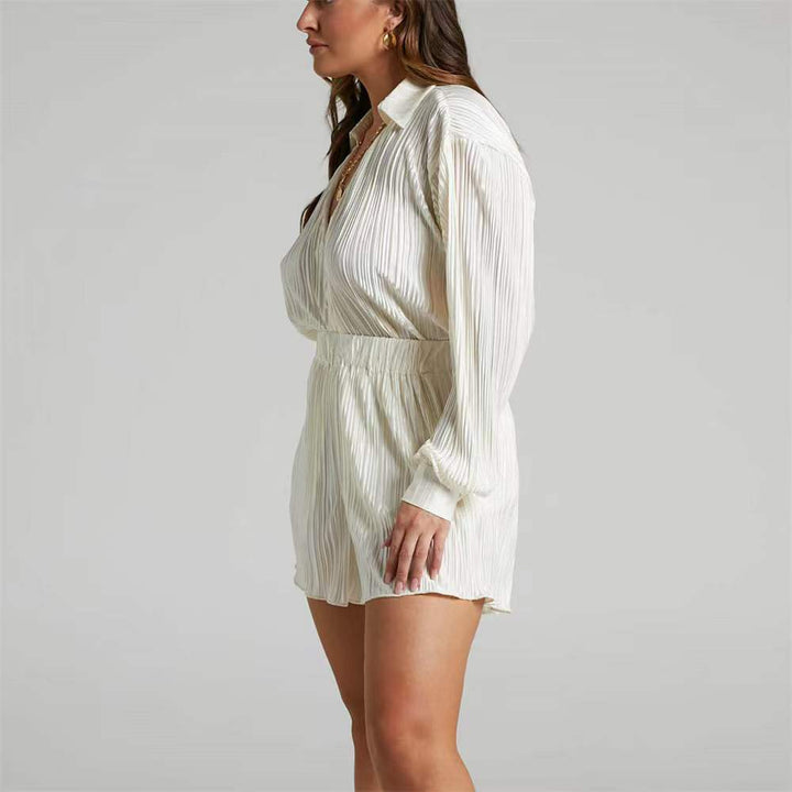 Chic Fit Collared Deep V-neck Shirt and Pleated Shorts Gen U Us Products