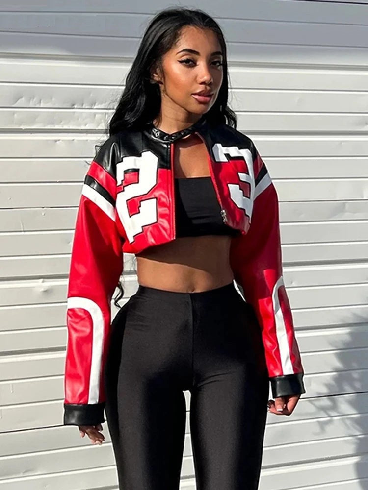 Chic Hipster Faux Leather Number Print Crop Varsity Jackets