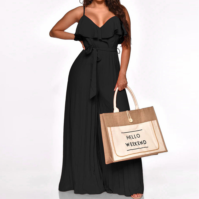 Chic Loose Fit Ruffle Spaghetti Straps Wide-Leg Jumpsuits Gen U Us Products