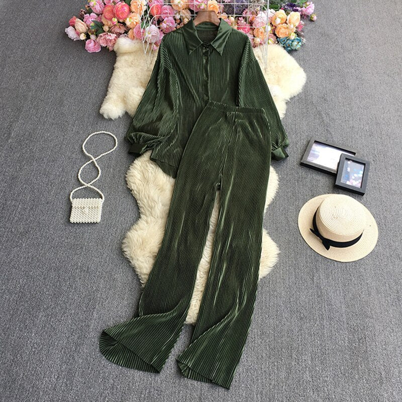 Chic Wrinkled Fabric Long Sleeve Blouse and Wide Leg Pants Gen U Us Products