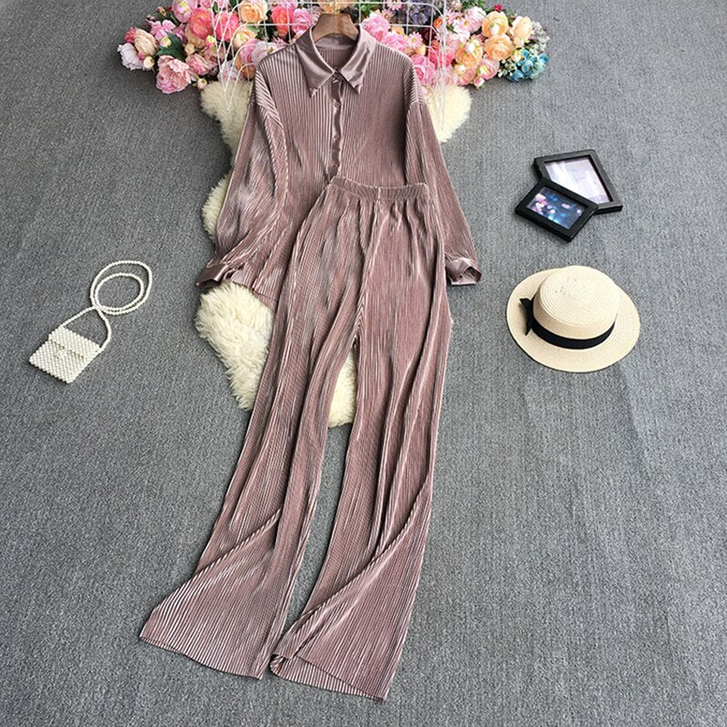 Chic Wrinkled Fabric Long Sleeve Blouse and Wide Leg Pants Gen U Us Products