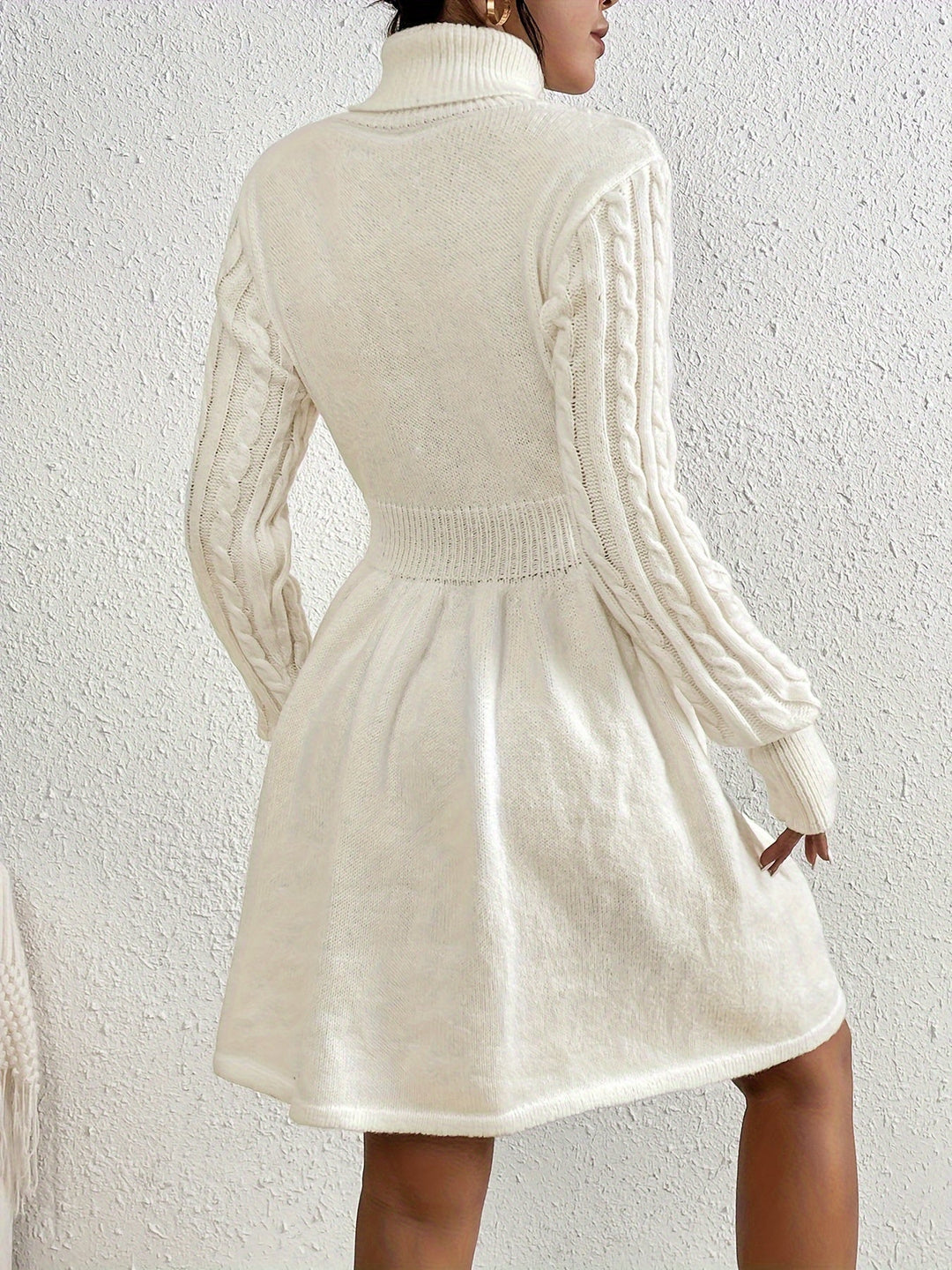 Chic Long Sleeve Cable Knit Turtleneck Mini Sweater Dress - Gen U Us Products
