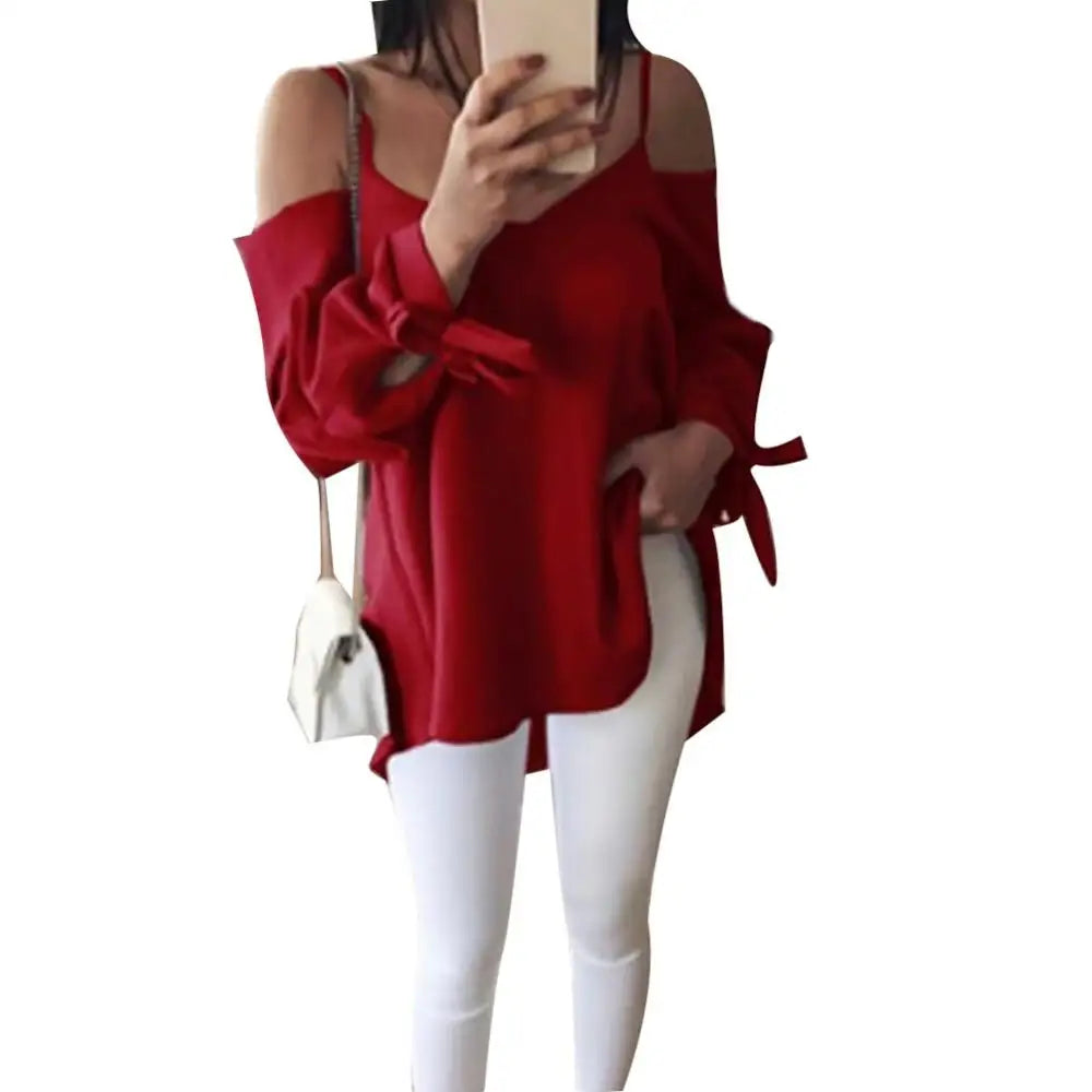 Chic Long Sleeve Off Shoulder Knotted Sling Blouses - Gen U Us Products