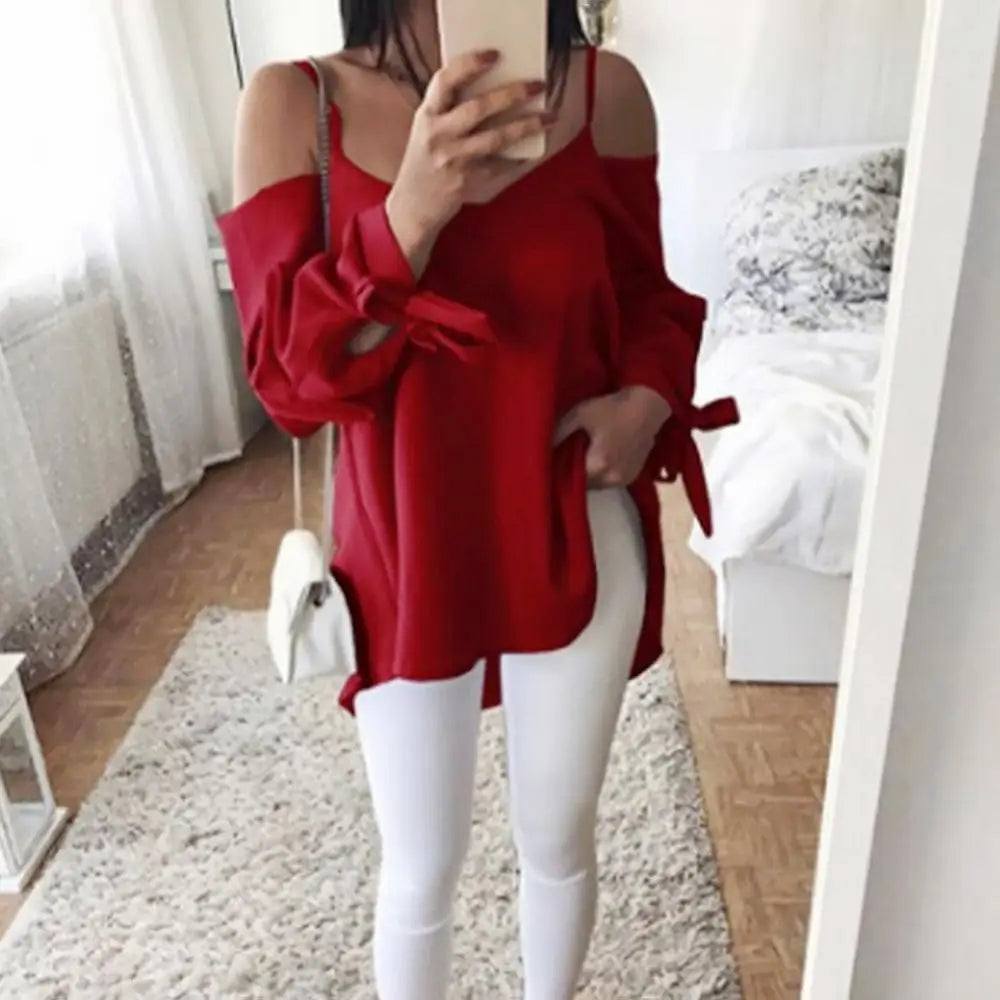 Chic Long Sleeve Off Shoulder Knotted Sling Blouses - Gen U Us Products