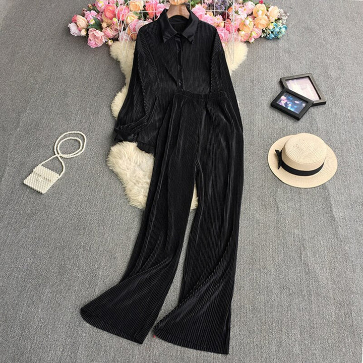 Chic Wrinkled Fabric Long Sleeve Blouse and Wide Leg Pants - Gen U Us Products