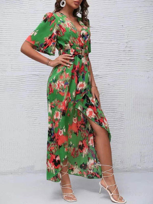 Chic Floral Pattern Short-sleeved V-neck Irregular Hem Dresses - Gen U Us Products -  