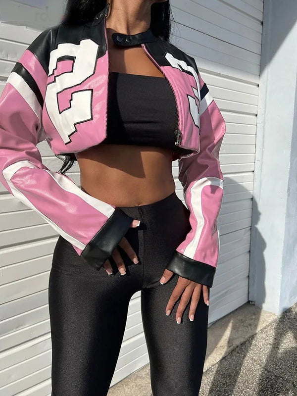 Hipster Faux Leather Number Print Crop Varsity Jackets