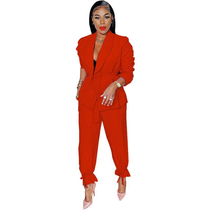 Chic Long Sleeve Bandage Cardigan With Belt & Tapered Leg Pants Suit - Gen U Us Products -  