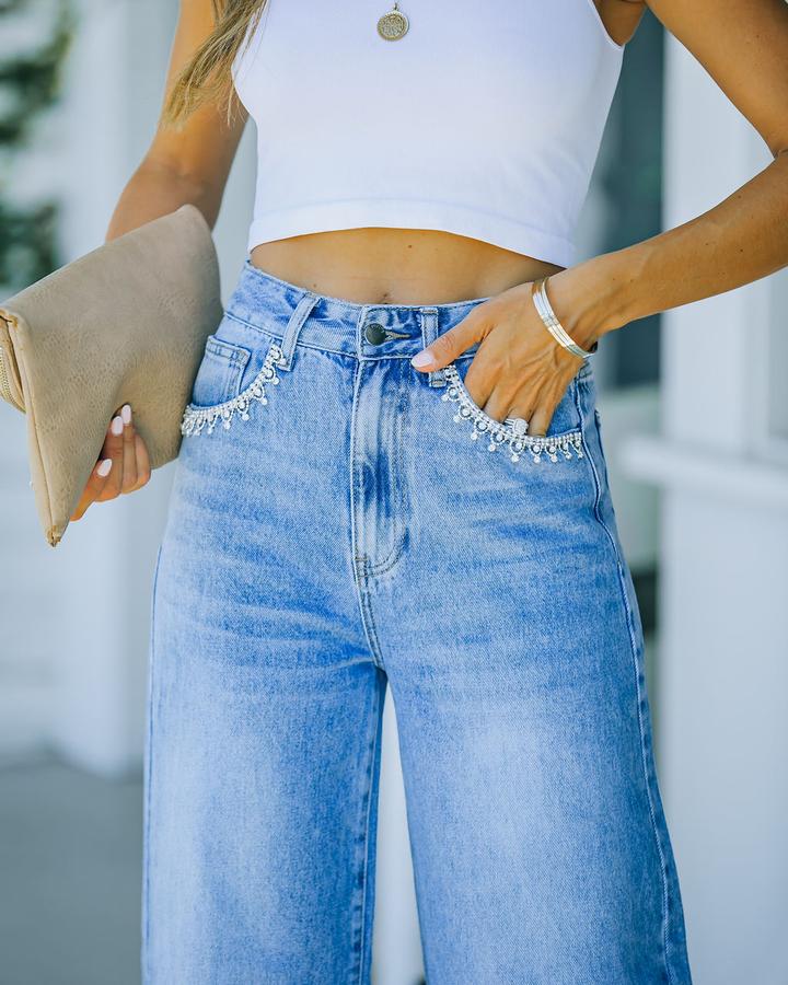 Classic Design Petal Pocket Washed-out Denim Jeans Gen U Us Products