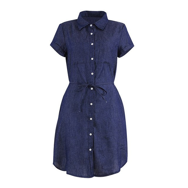 Classic Versatile Style Short Sleeve Mini Denim Dress with Belt Gen U Us Products