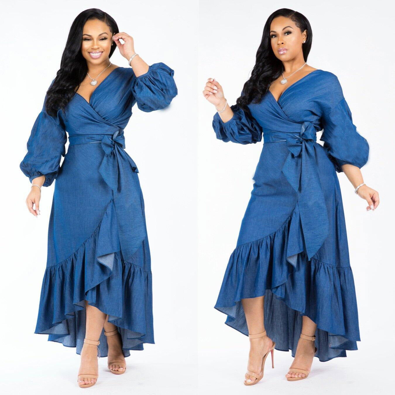 Classy Vintage Swing Wrap Women's Denim Dresses 👗 Ruffles – Flossy Mom