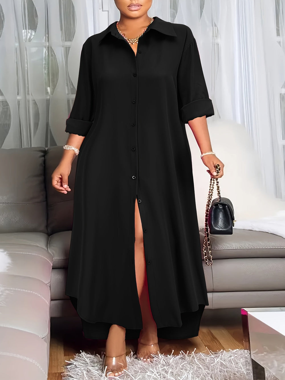 Classy Long Sleeve Collared Front Button Curvy Plus Size Dresses Gen U Us Products