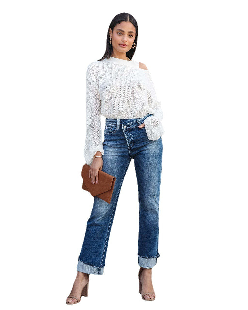 Complimenting Button Pockets High Waist Free Washed Denim Jeans - Gen U Us Products