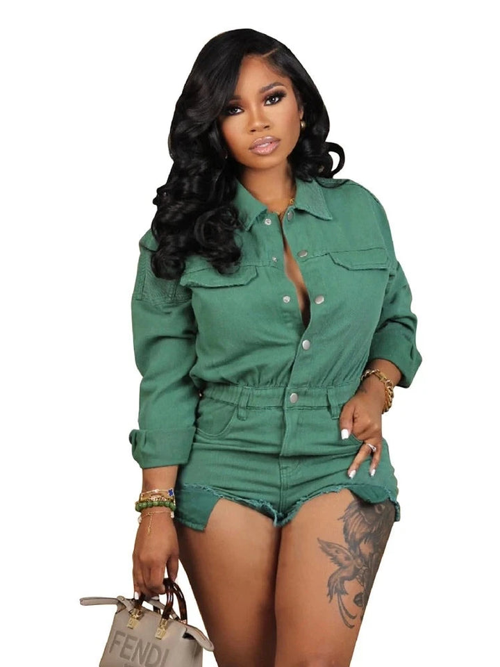 Coquettish Long Sleeve Single Breasted Cargo Denim Rompers - Gen U Us Products