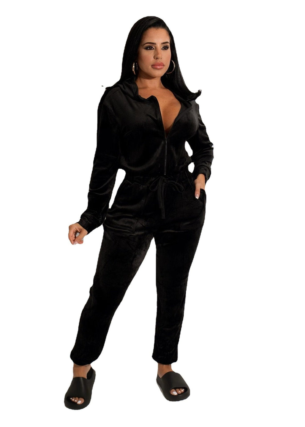 Cozy Nice Fit Hooded Deep V-Neck Airy Fabric Jumpsuit - Gen U Us Products