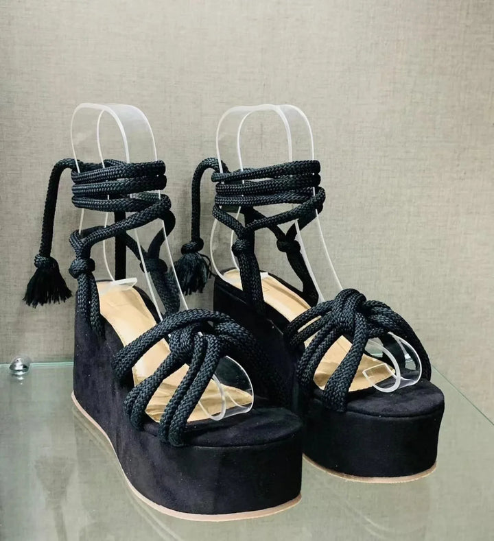 Cross Tie Design Open Toe Platform Wedge Sandals - Gen U Us Products
