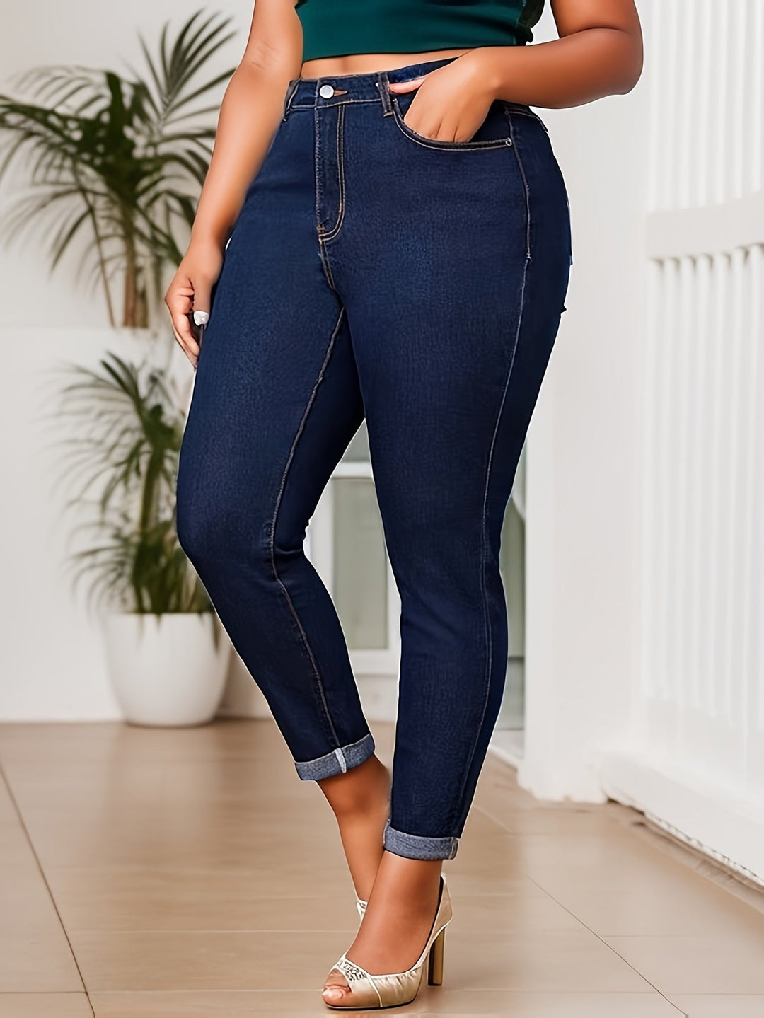 Curve-enhancing High Rise Rolled Hem Button Fly Skinny Denim Jeans - Gen U Us Products
