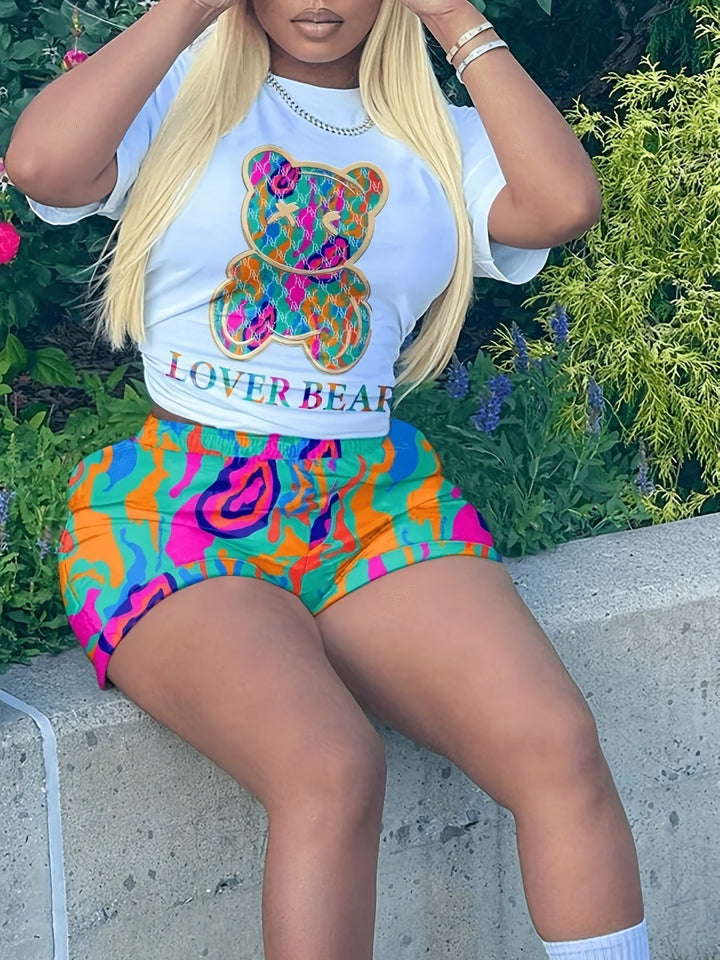 Cute Lover Bear Motif Short Sleeve Crop Top & Shorts Gen U Us Products