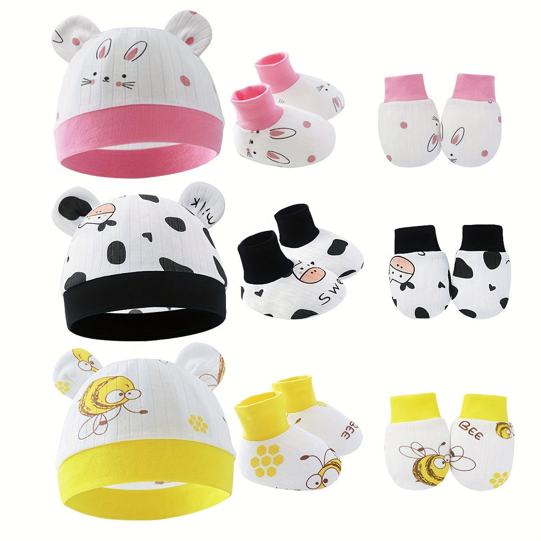 Cute Newborn Baby 3pcs Cartoon Breathable Soft Hat, Socks & Gloves Gen U Us Products