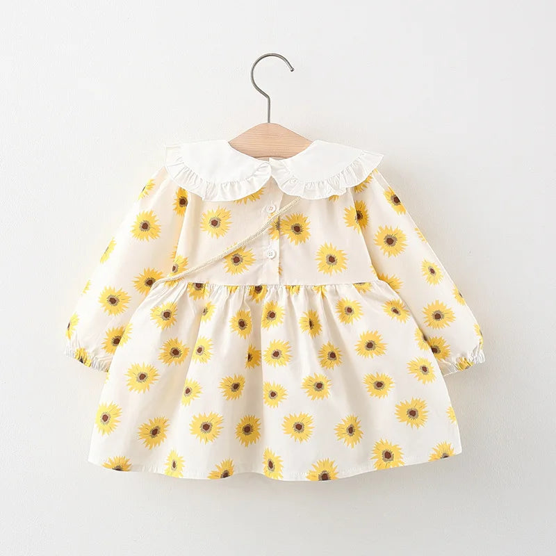 Cute Sunflower Print Long Sleeve Doll Collar Dress with Bag - Gen U Us Products