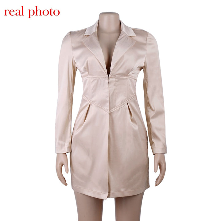 Deep V Neck Turn-Down Collar Button Long Blazer Dresses